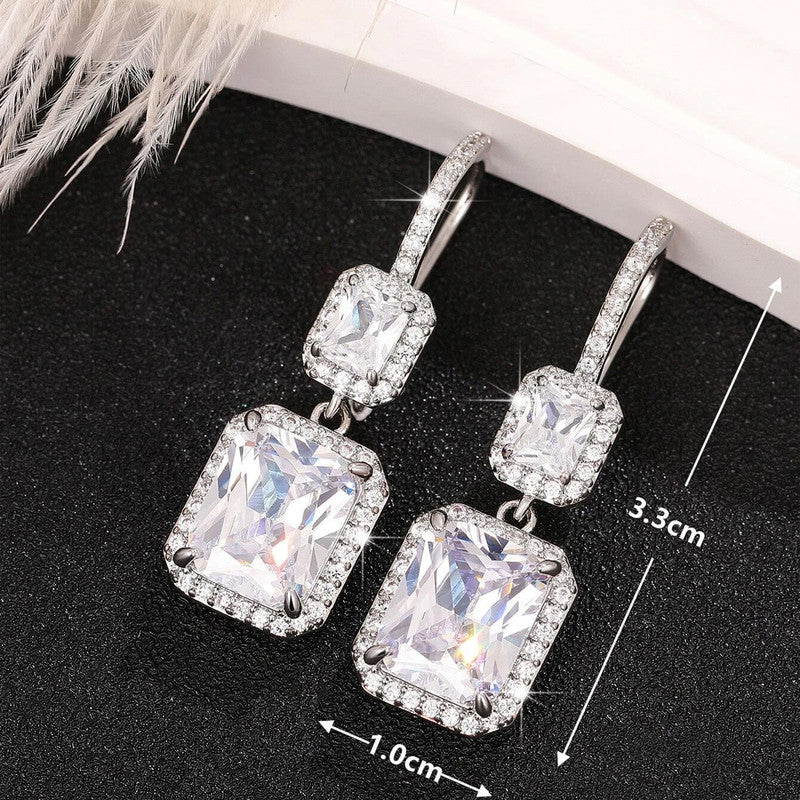 Silver Plated American Diamond Geometric Crushed Ice Cut Drop Earrings