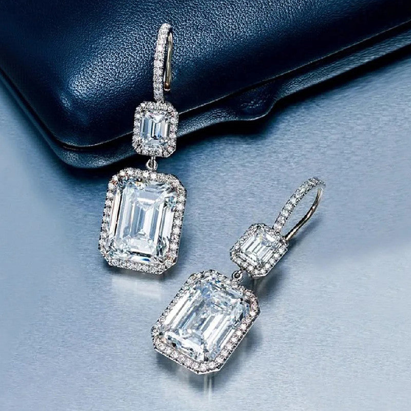Silver Plated American Diamond Geometric Crushed Ice Cut Drop Earrings