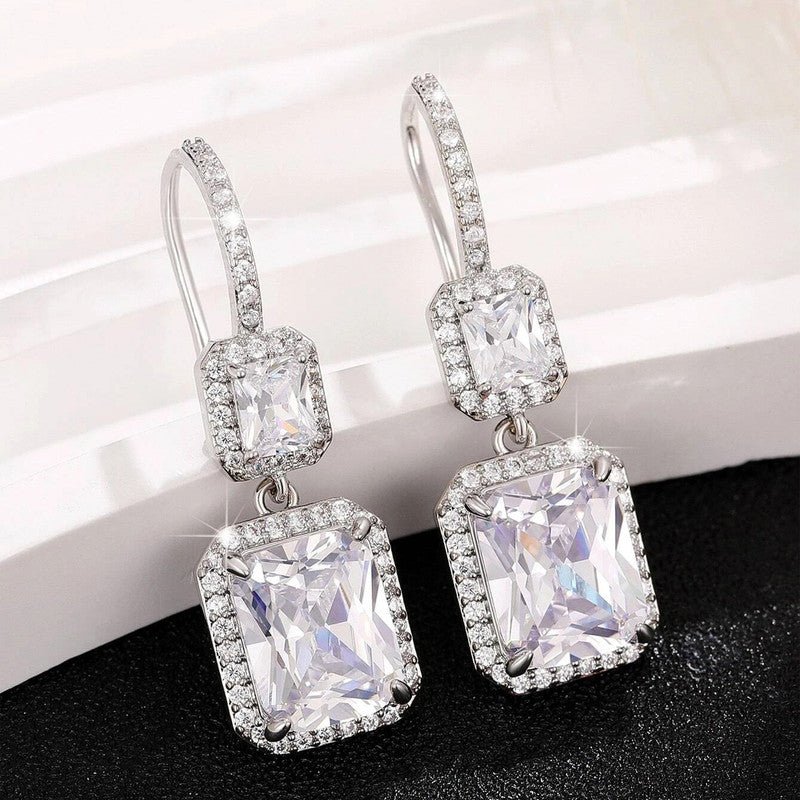 Silver Plated American Diamond Geometric Crushed Ice Cut Drop Earrings