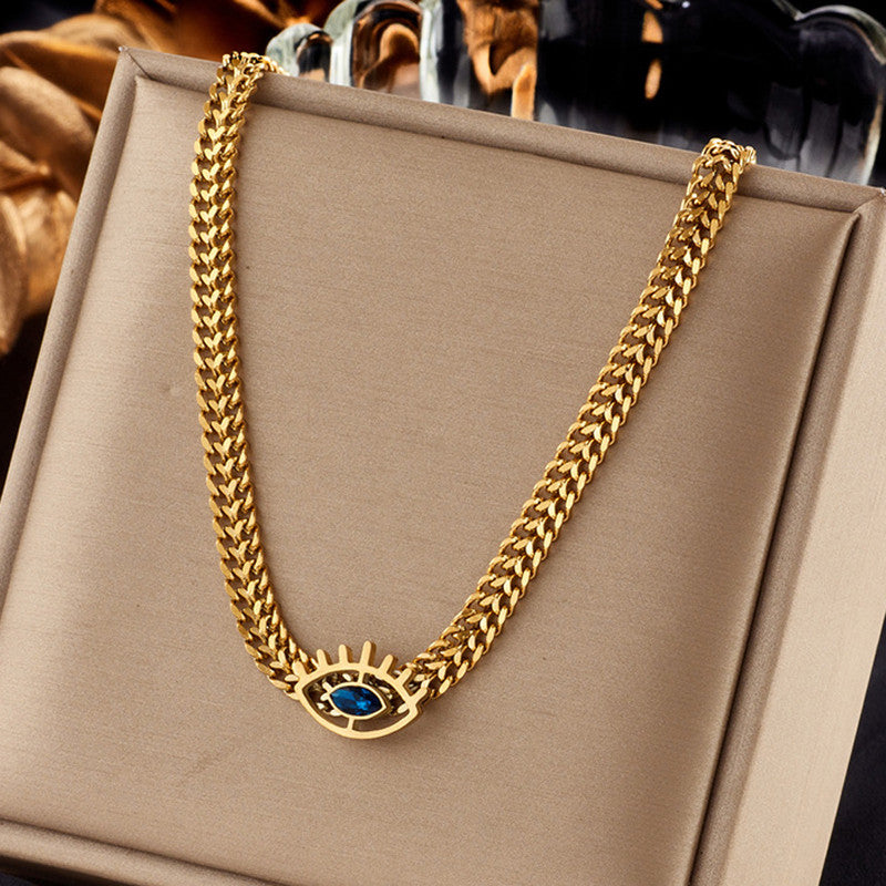 Gold Plated Stainless Steel Anti Tarnish Evil Eye themed Blue CZ Necklace For Women