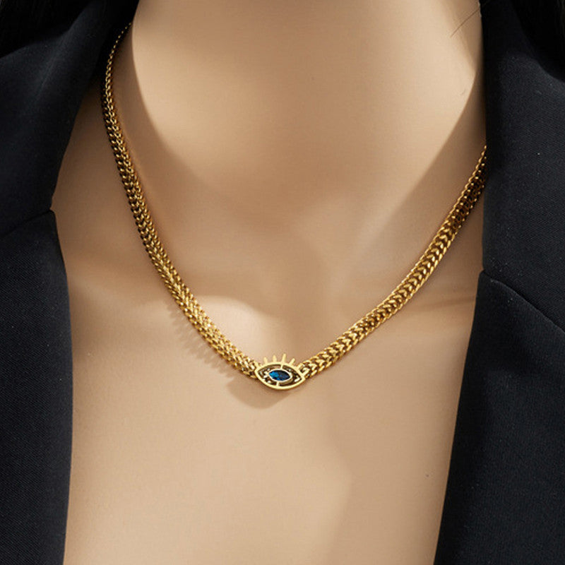 Gold Plated Stainless Steel Anti Tarnish Evil Eye themed Blue CZ Necklace For Women