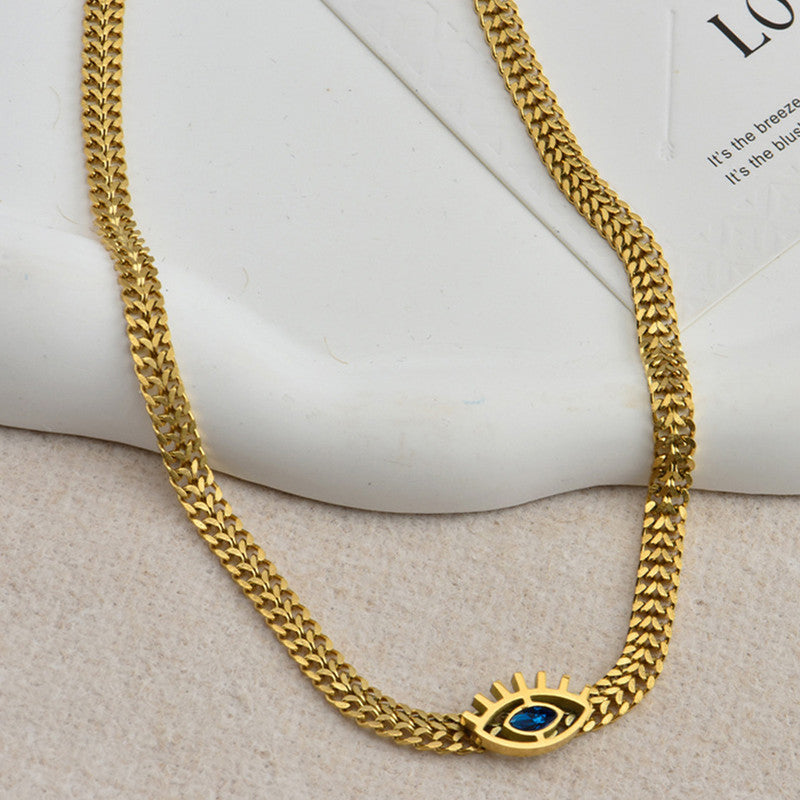 Gold Plated Stainless Steel Anti Tarnish Evil Eye themed Blue CZ Necklace For Women