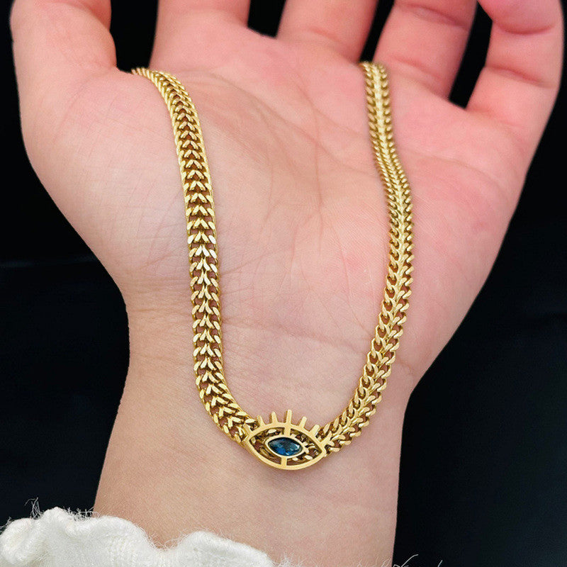 Gold Plated Stainless Steel Anti Tarnish Evil Eye themed Blue CZ Necklace For Women