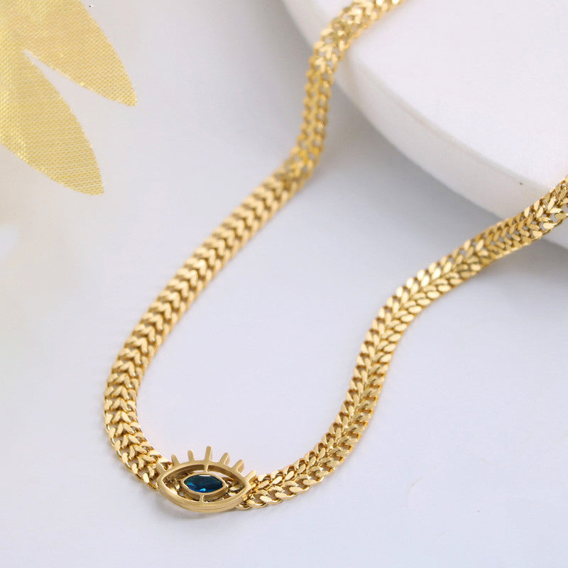 Gold Plated Stainless Steel Anti Tarnish Evil Eye themed Blue CZ Necklace For Women