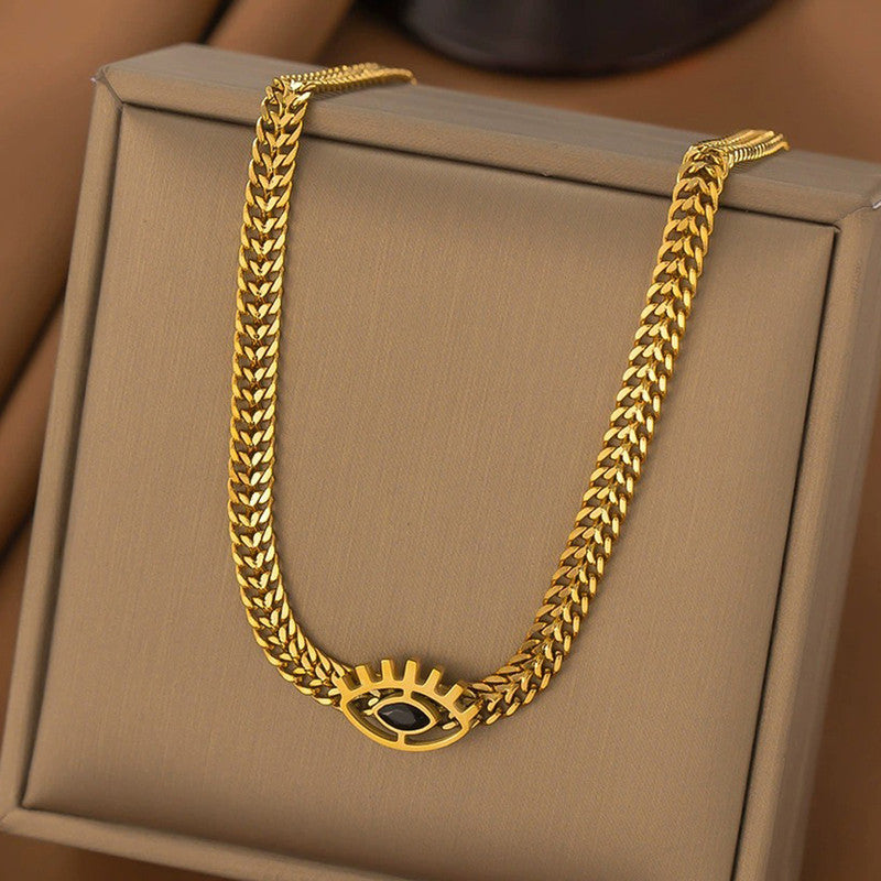 Gold Plated Stainless Steel Anti Tarnish Evil Eye themed Black CZ Necklace For Women