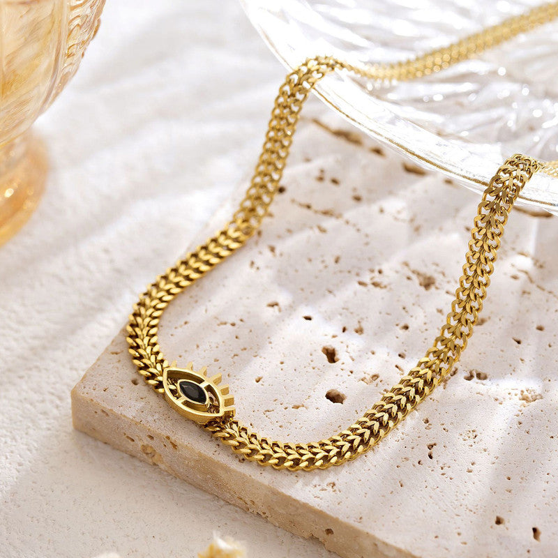 Gold Plated Stainless Steel Anti Tarnish Evil Eye themed Black CZ Necklace For Women