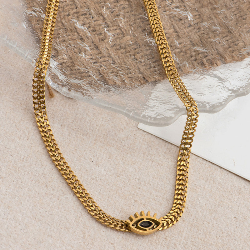 Gold Plated Stainless Steel Anti Tarnish Evil Eye themed Black CZ Necklace For Women