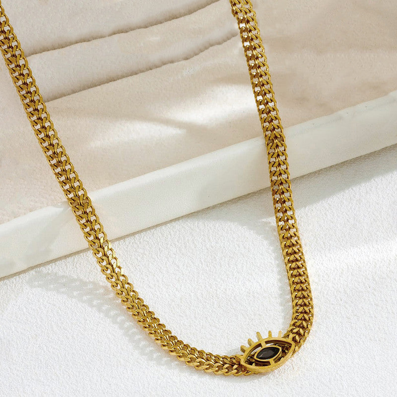 Gold Plated Stainless Steel Anti Tarnish Evil Eye themed Black CZ Necklace For Women