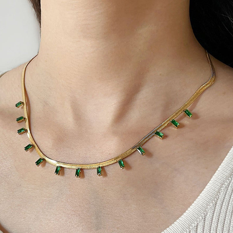 Gold Plated Stainless Steel Anti Tarnish Snake Chain Green Emerald Studded Necklace