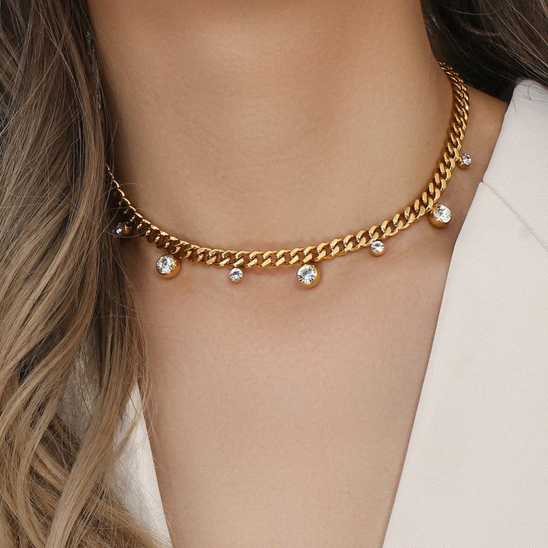 Gold Plated Stainless Steel Anti Tarnish Crystal Accents Dainty Necklace For Women