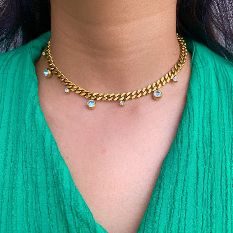 Gold Plated Stainless Steel Anti Tarnish Crystal Accents Dainty Necklace For Women