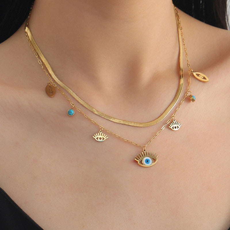 Gold Plated Stainless Steel Anti Tarnish Evil Eye themed Dual Strand Necklace For Women