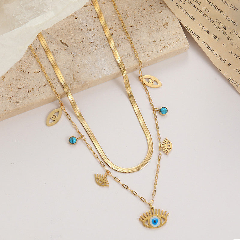 Gold Plated Stainless Steel Anti Tarnish Evil Eye themed Dual Strand Necklace For Women