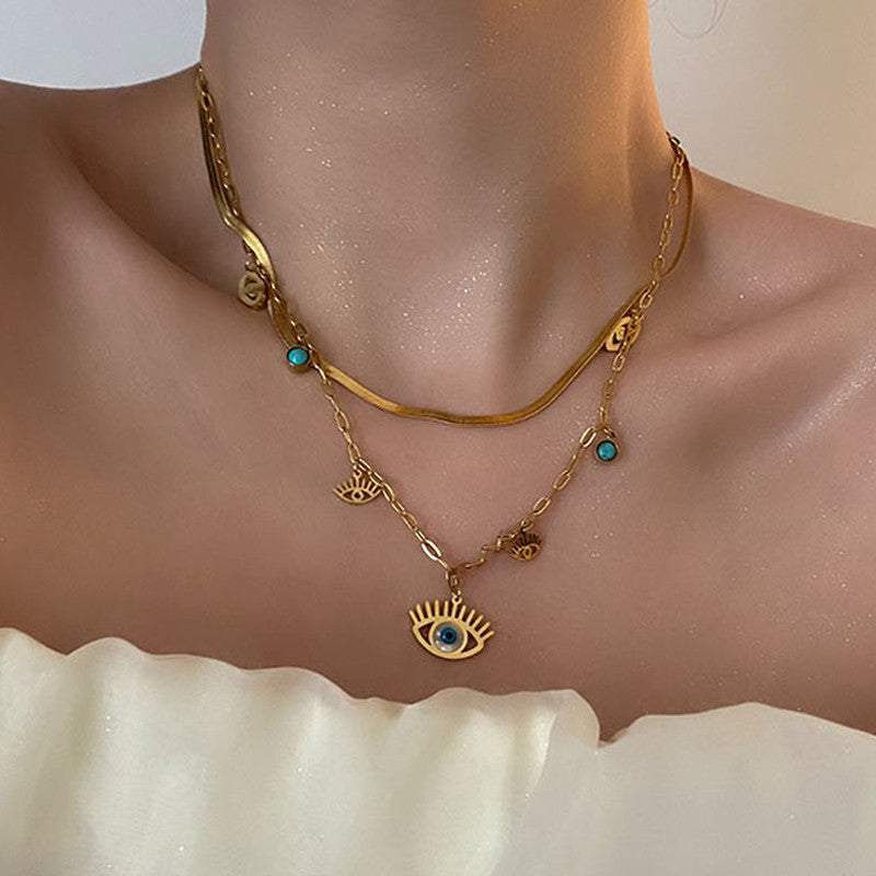 Gold Plated Stainless Steel Anti Tarnish Evil Eye themed Dual Strand Necklace For Women
