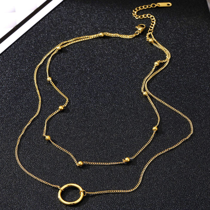 Gold Plated Stainless Steel Anti Tarnish Dual Layered Chain Hoop Pendant Necklace