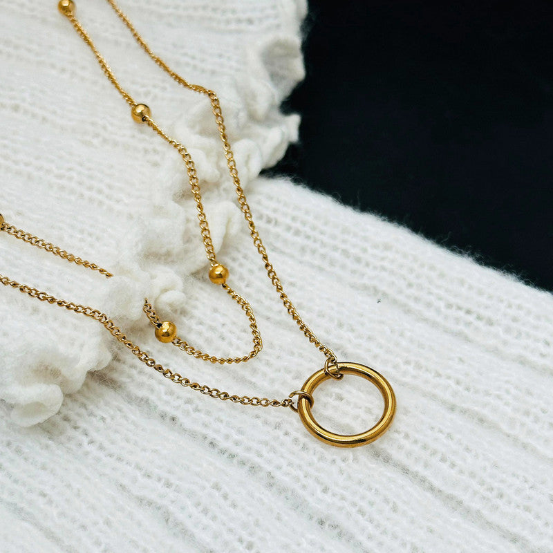 Gold Plated Stainless Steel Anti Tarnish Dual Layered Chain Hoop Pendant Necklace