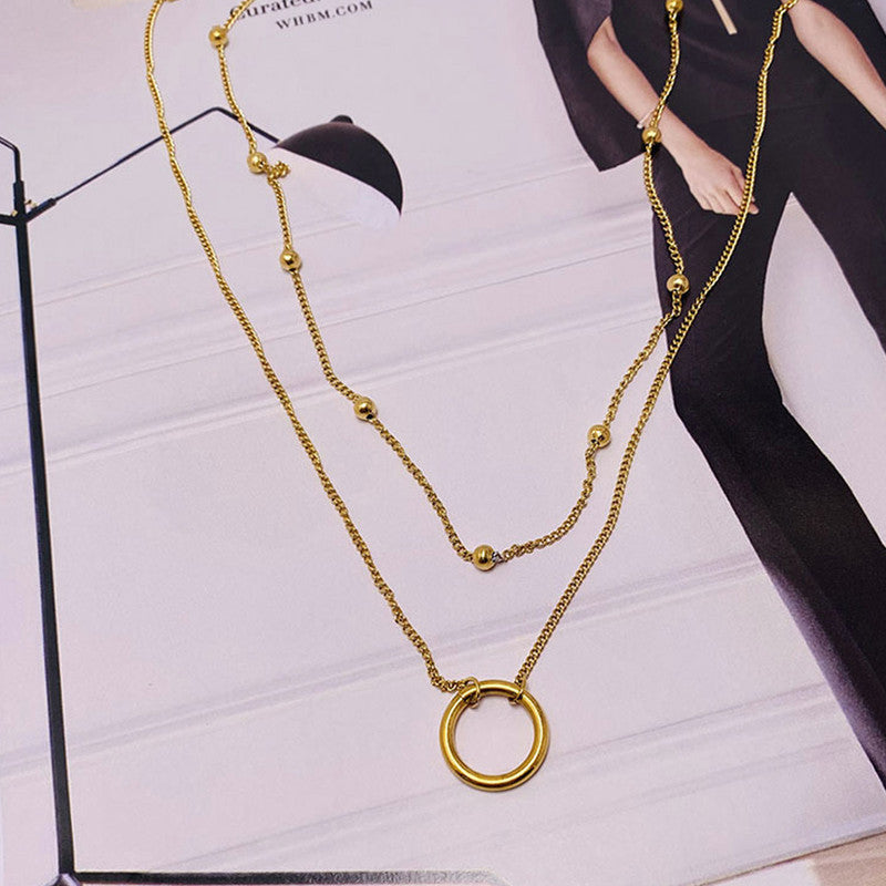 Gold Plated Stainless Steel Anti Tarnish Dual Layered Chain Hoop Pendant Necklace