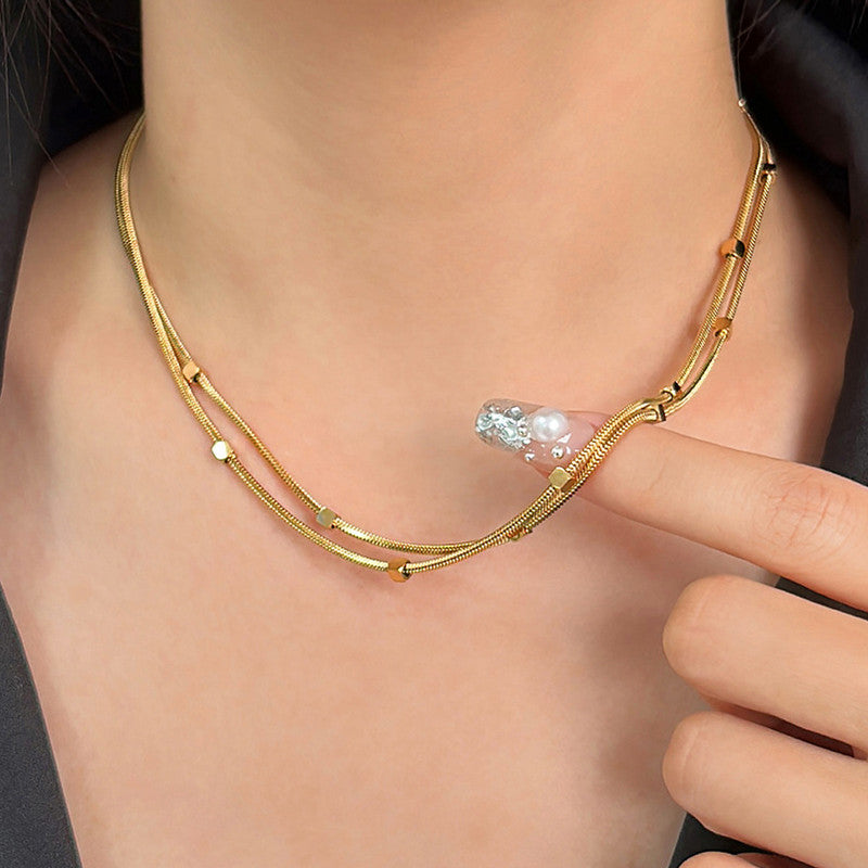 Gold Plated Stainless Steel Anti-Tarnish Geometric Dual Strand Necklace