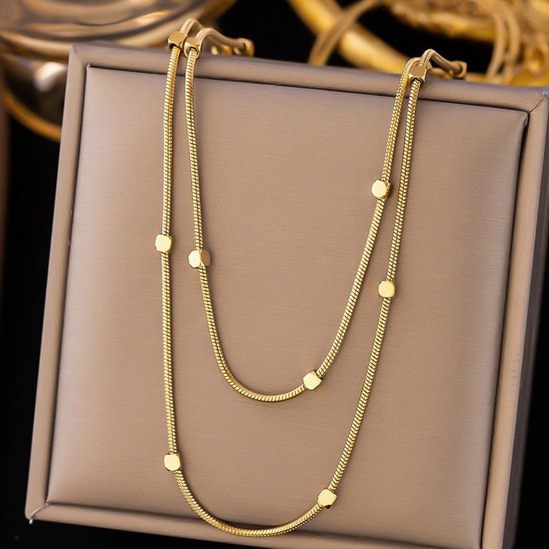 Gold Plated Stainless Steel Anti-Tarnish Geometric Dual Strand Necklace
