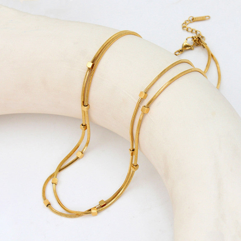 Gold Plated Stainless Steel Anti-Tarnish Geometric Dual Strand Necklace