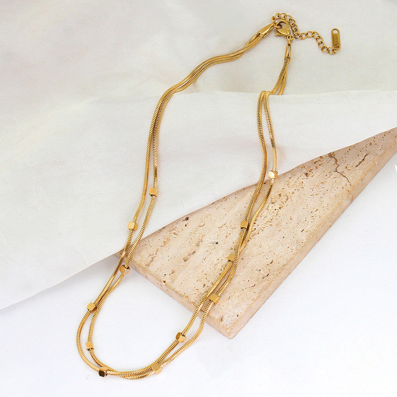 Gold Plated Stainless Steel Anti-Tarnish Geometric Dual Strand Necklace