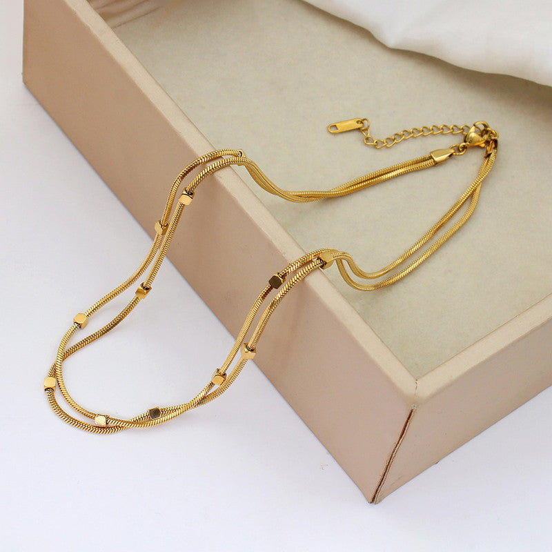 Gold Plated Stainless Steel Anti-Tarnish Geometric Dual Strand Necklace