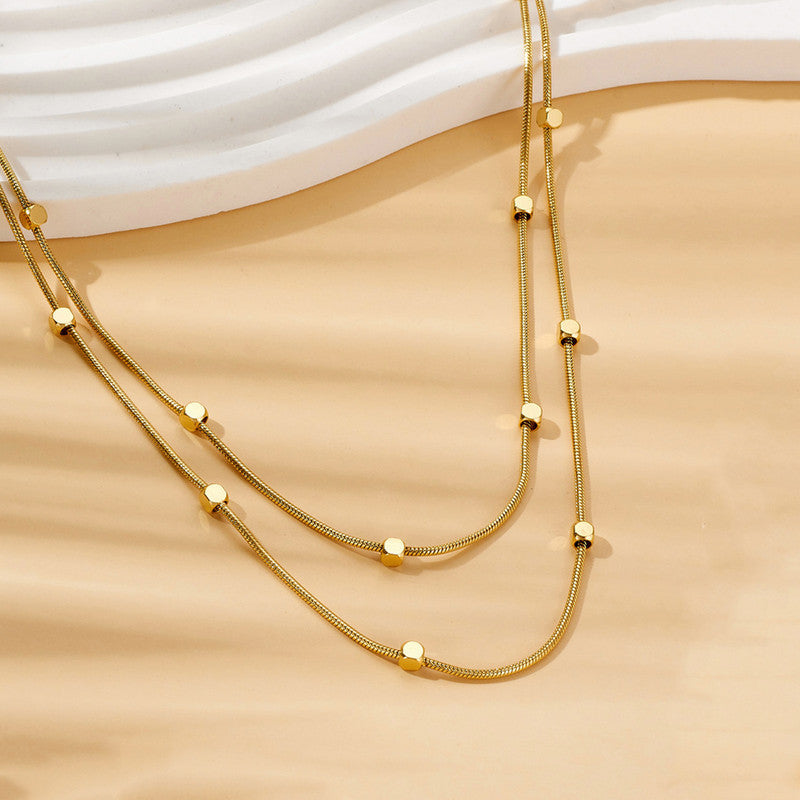 Gold Plated Stainless Steel Anti-Tarnish Geometric Dual Strand Necklace