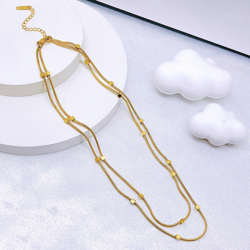 Gold Plated Stainless Steel Anti-Tarnish Geometric Dual Strand Necklace