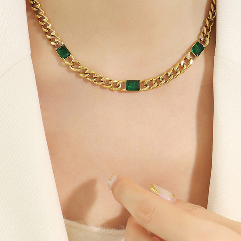 Gold Plated Stainless Steel Anti Tarnish Green Crystals Cuban Necklace