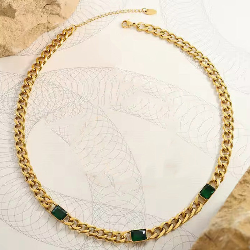 Gold Plated Stainless Steel Anti Tarnish Green Crystals Cuban Necklace