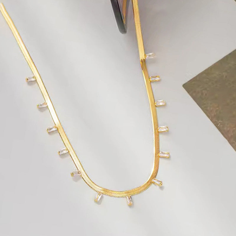 Gold Plated Stainless Steel Anti Tarnish Snake Chain Gold Stone Studded Necklace