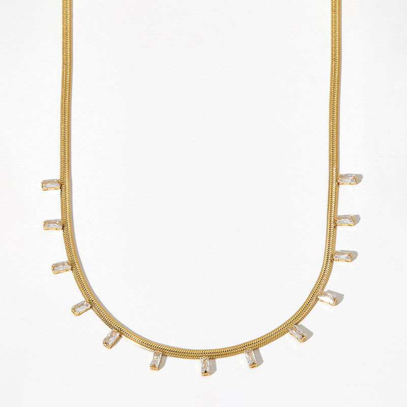 Gold Plated Stainless Steel Anti Tarnish Snake Chain Gold Stone Studded Necklace