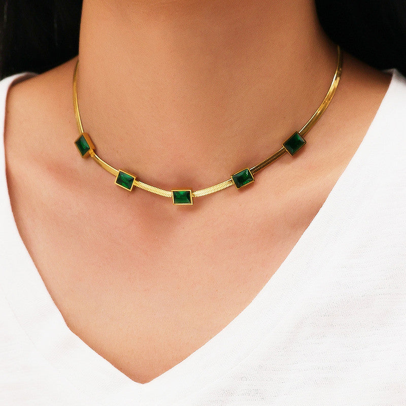 Gold Plated Stainless Steel Anti Tarnish Snake Chain Green Emerald Studded Necklace