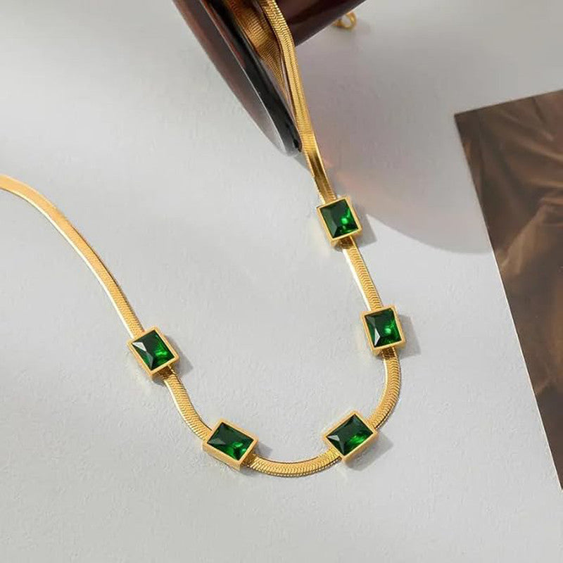 Gold Plated Stainless Steel Anti Tarnish Snake Chain Green Emerald Studded Necklace