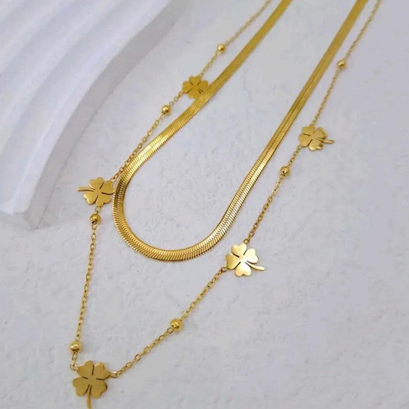 Gold Plated Anti Tarnish Stainless Steel Clover Themed Layered Necklace