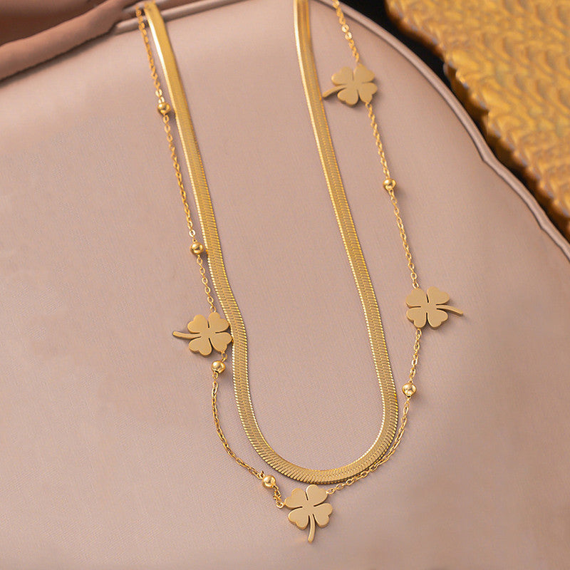 Gold Plated Anti Tarnish Stainless Steel Clover Themed Layered Necklace