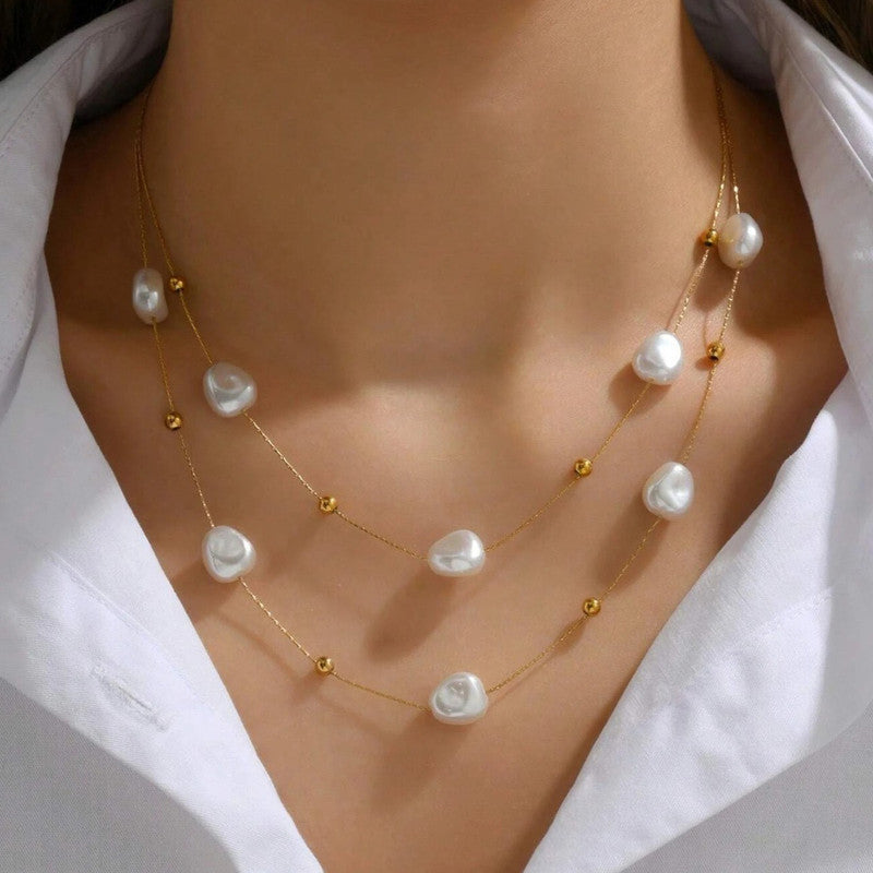 Gold Plated Anti Tarnish Stainless Steel Pearl Studded Layered Necklace