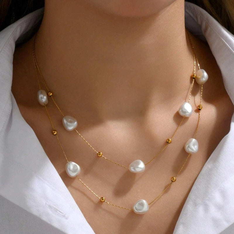 Gold Plated Anti Tarnish Stainless Steel Pearl Studded Layered Necklace