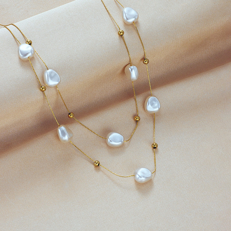 Gold Plated Anti Tarnish Stainless Steel Pearl Studded Layered Necklace