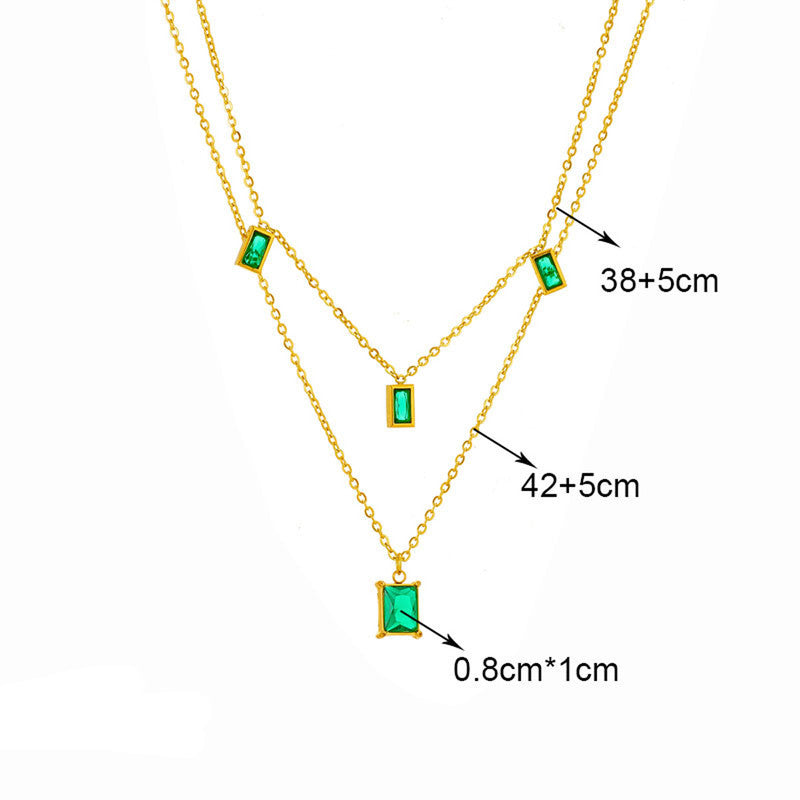 Gold Plated Anti Tarnish Stainless Steel Green CZ studded Geometric Layered Necklace