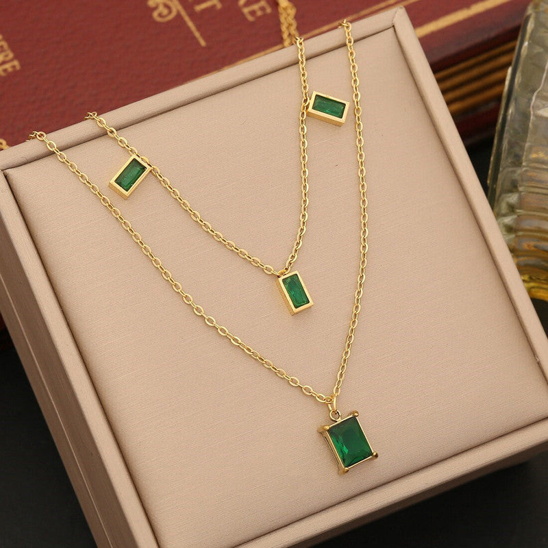 Gold Plated Anti Tarnish Stainless Steel Green CZ studded Geometric Layered Necklace