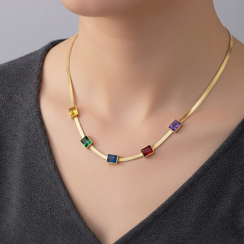 Gold Plated Stainless Steel Anti Tarnish Snake Chain Multicolor Emerald Studded Necklace