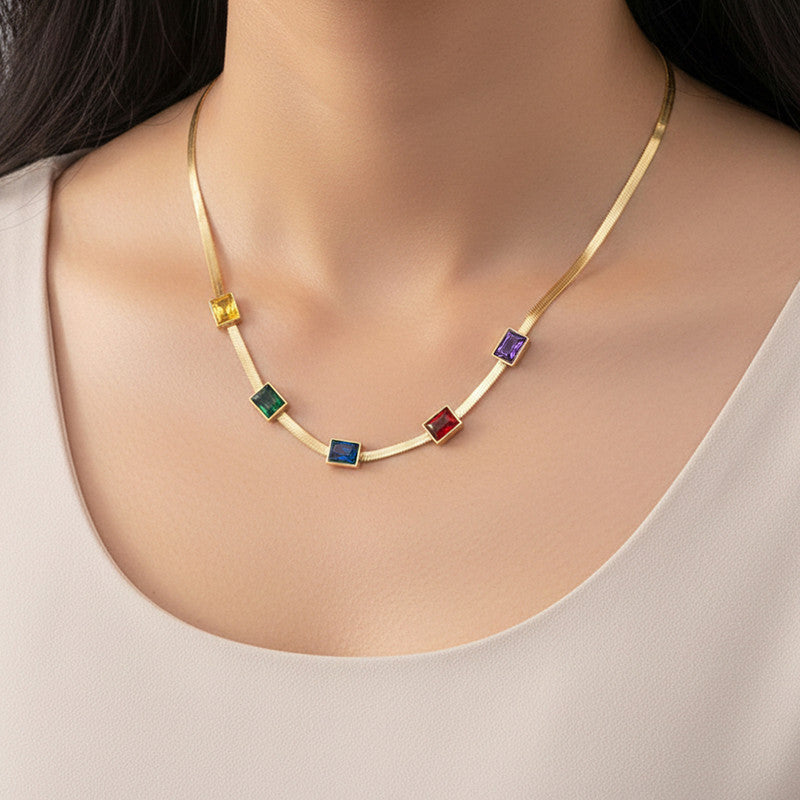 Gold Plated Stainless Steel Anti Tarnish Snake Chain Multicolor Emerald Studded Necklace
