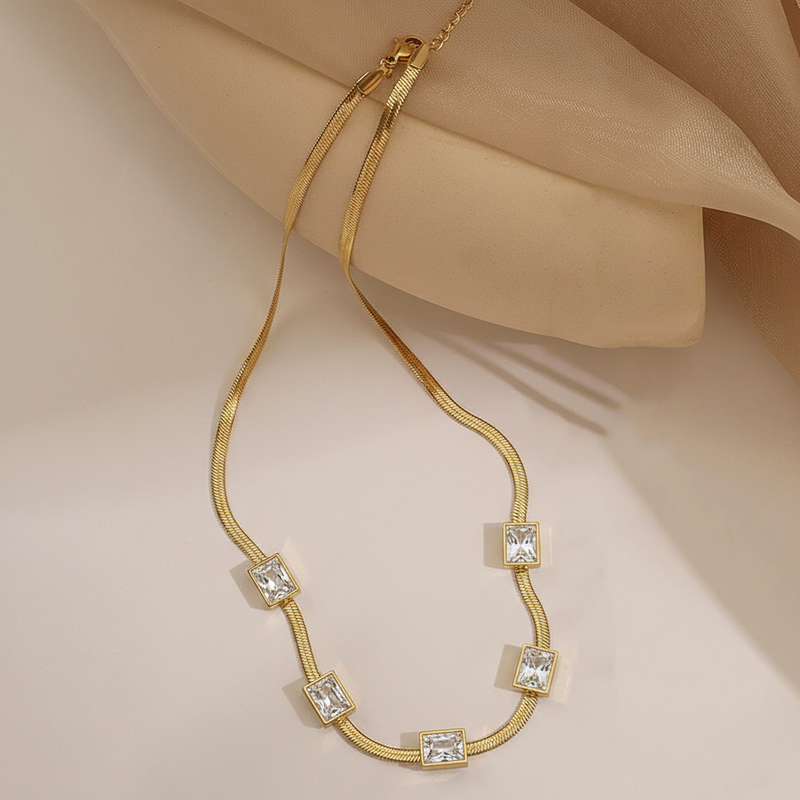 Gold Plated Stainless Steel Anti Tarnish Snake Chain White Emerald Studded Necklace