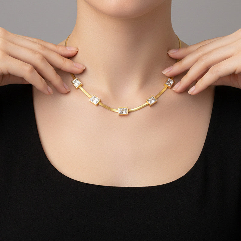 Gold Plated Stainless Steel Anti Tarnish Snake Chain White Emerald Studded Necklace