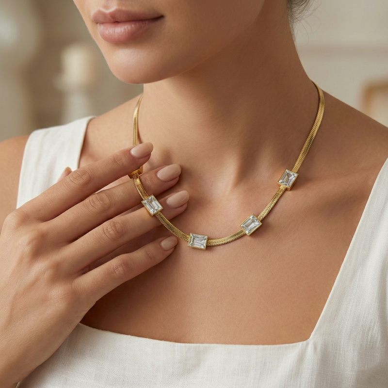 Gold Plated Stainless Steel Anti Tarnish Snake Chain White Emerald Studded Necklace