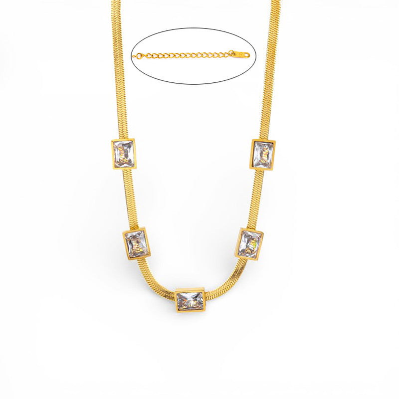 Gold Plated Stainless Steel Anti Tarnish Snake Chain White Emerald Studded Necklace