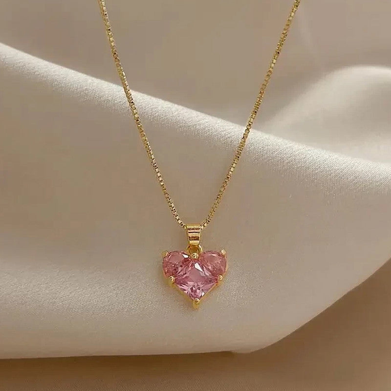 Gold-Plated Anti Tarnish Pink Heart Themed CZ Pendant