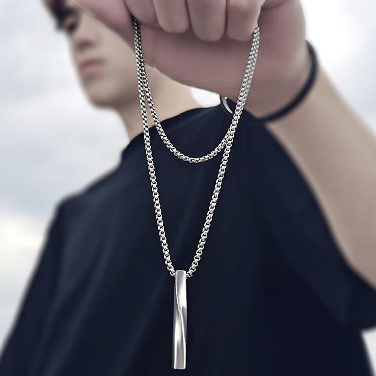 Silver Plated Stainless Steel Anti Tarnish Twisted Bar Shaped Hip Hop Party Pendant