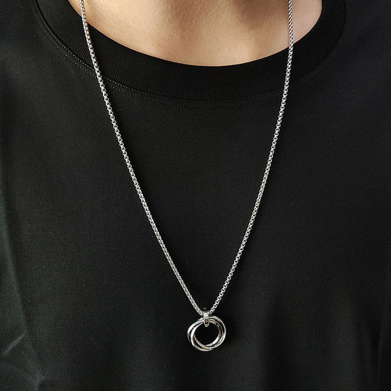 Silver Plated Stainless Steel Anti Tarnish Triple Rings Circular Pendant For Men